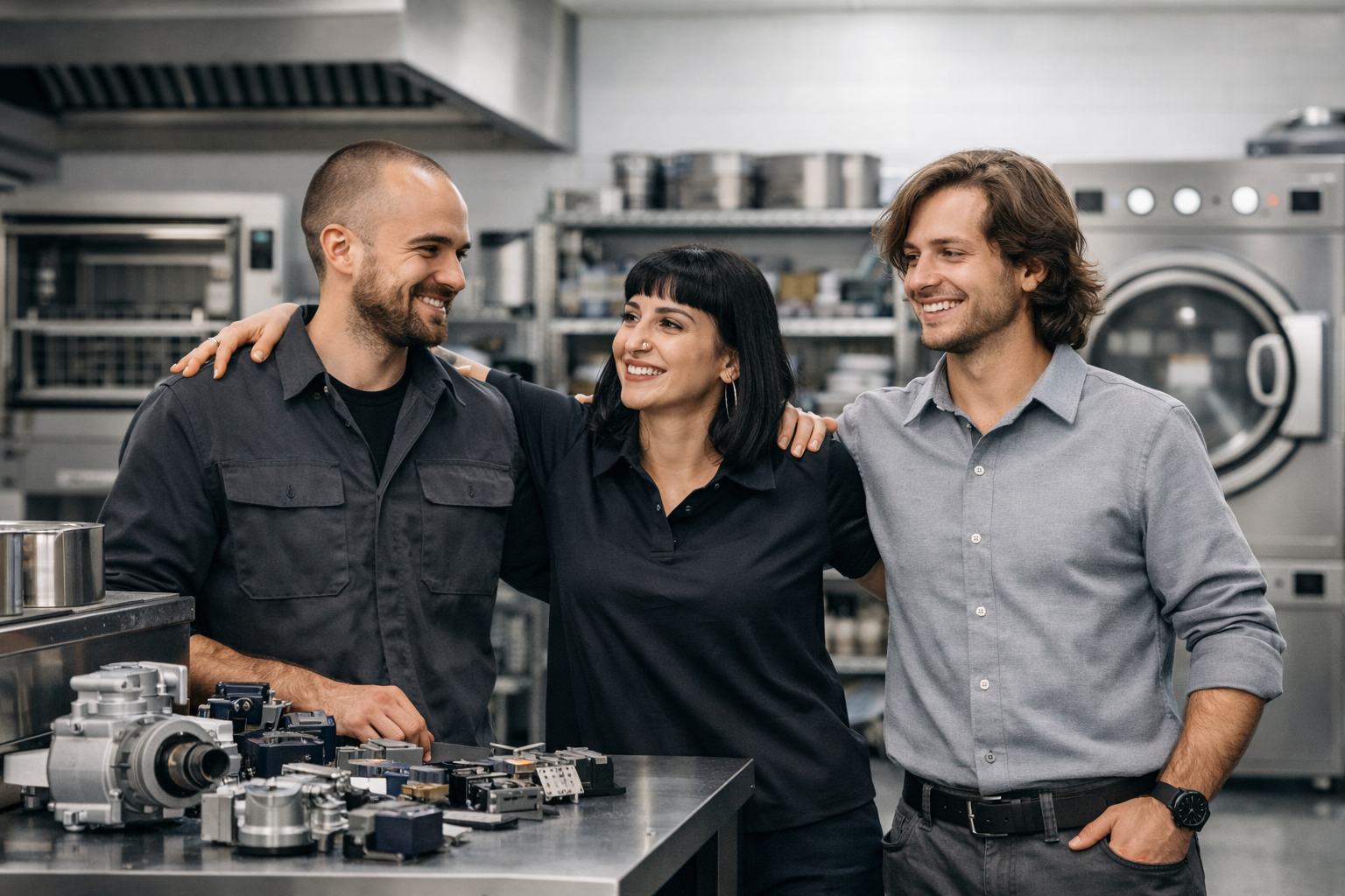 Echipă service HoReCa lângă piese de schimb pentru echipamente profesionale de bucătărie și spălătorie